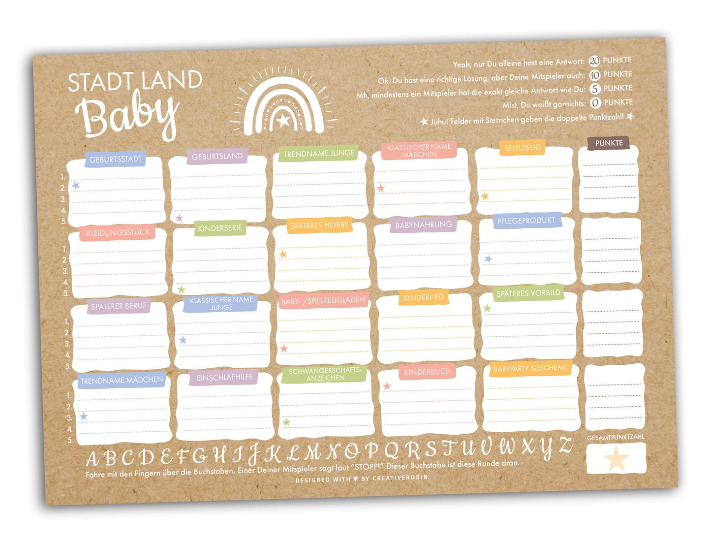 Stadt Land Fluss Baby als lustiges Babyparty Spiel • Für Mädchen & Jungen • CreativeRobin