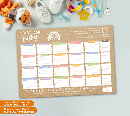 Stadt Land Fluss Baby als lustiges Babyparty Spiel • Für Mädchen & Jungen • CreativeRobin