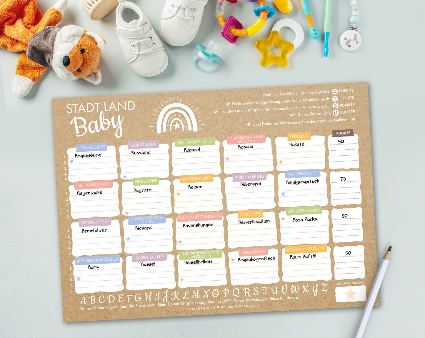 Stadt Land Fluss Baby als lustiges Babyparty Spiel • Für Mädchen & Jungen • CreativeRobin