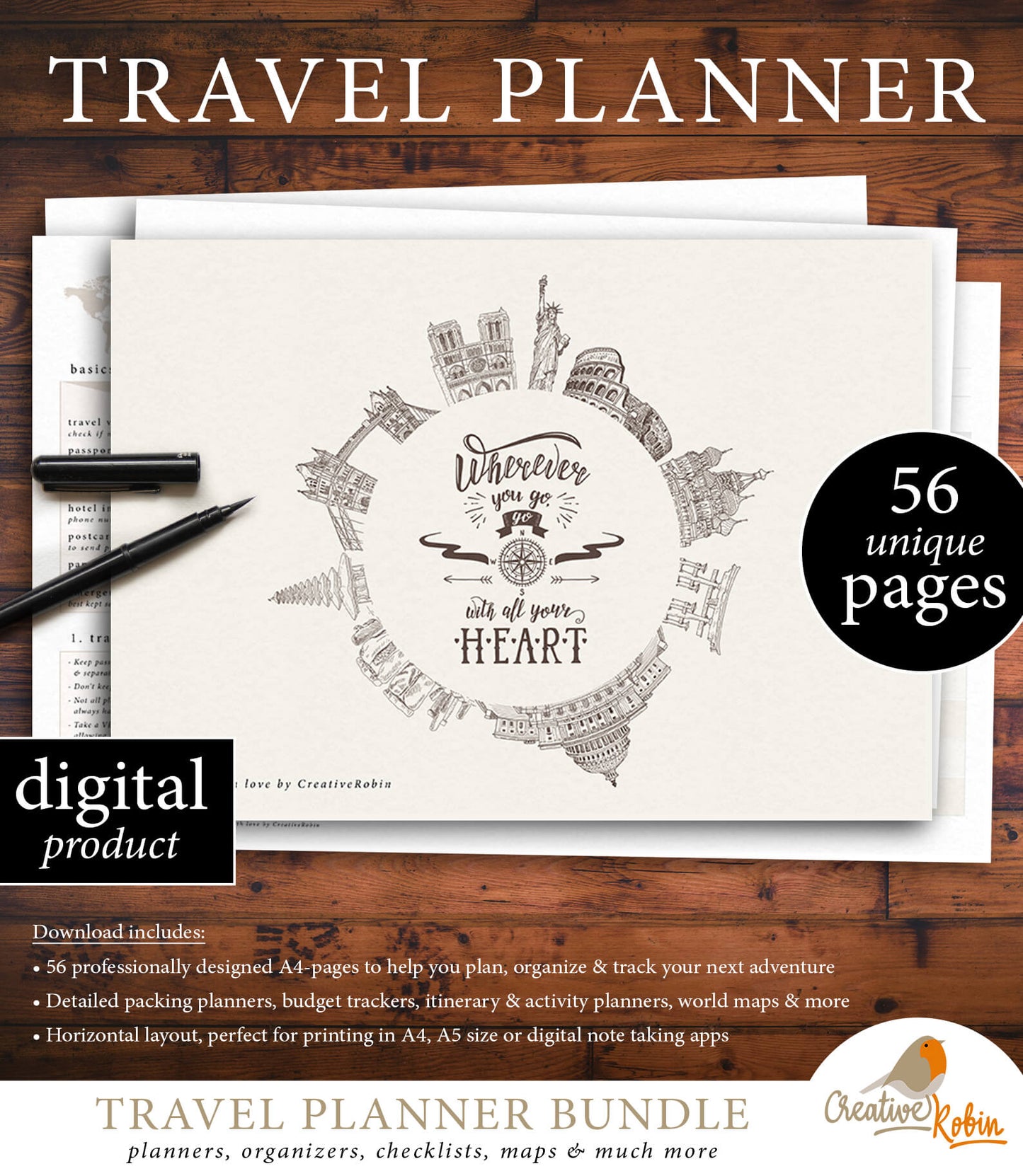 Umfangreicher Reiseplaner | mit 56 PDF Seiten | Planer zum Ausdrucken - englisch
