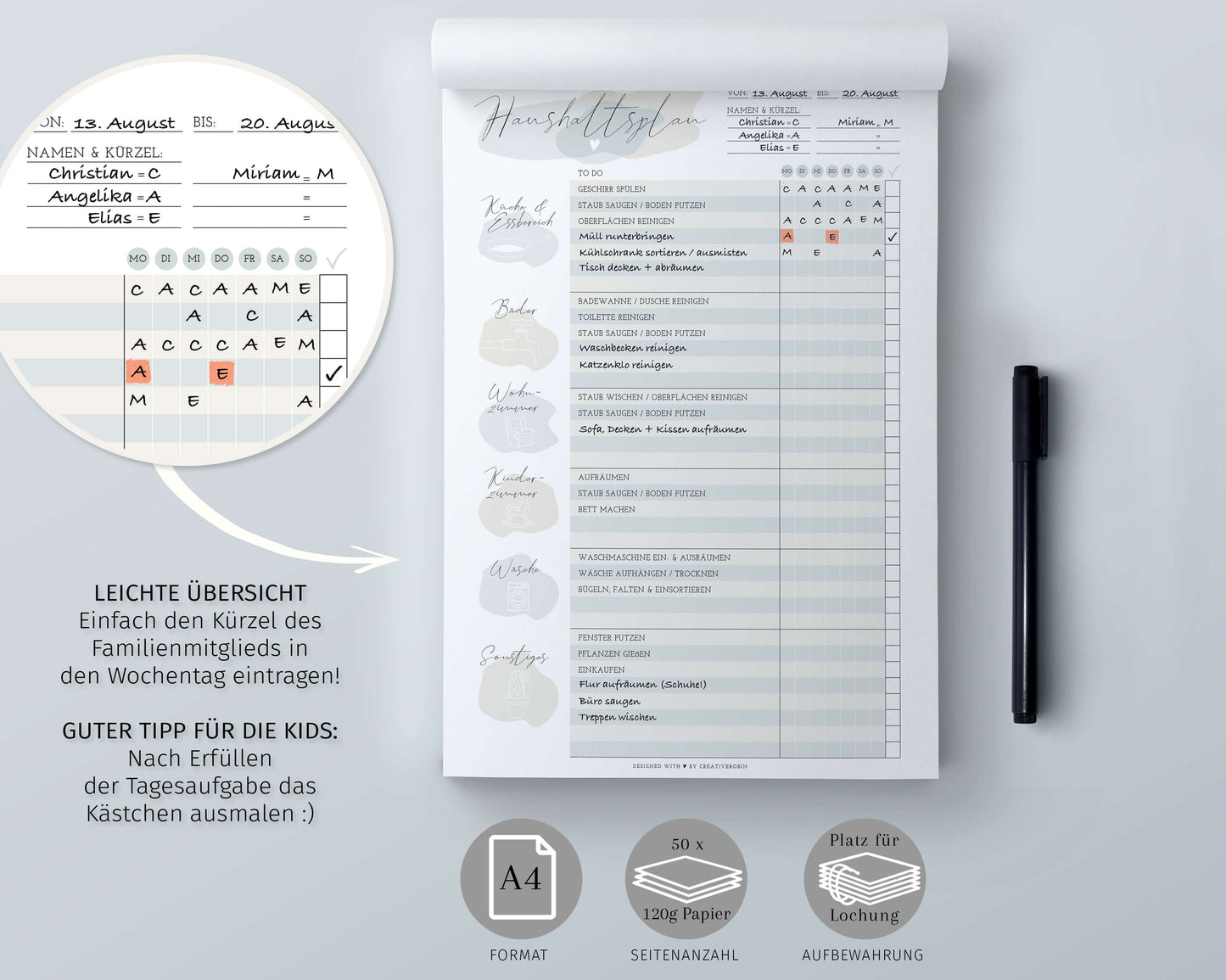 Haushaltsplaner und Putzplaner für die ganze Woche I Für Familien & WGs I DIN A4 Notizblock I 50 Blatt