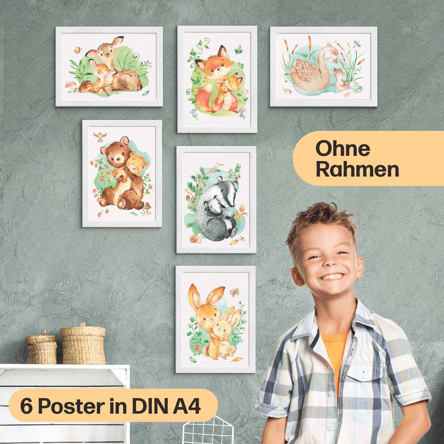 Mutter & Baby Waldtier Poster-Set fürs Kinderzimmer I Babyzimmer Deko