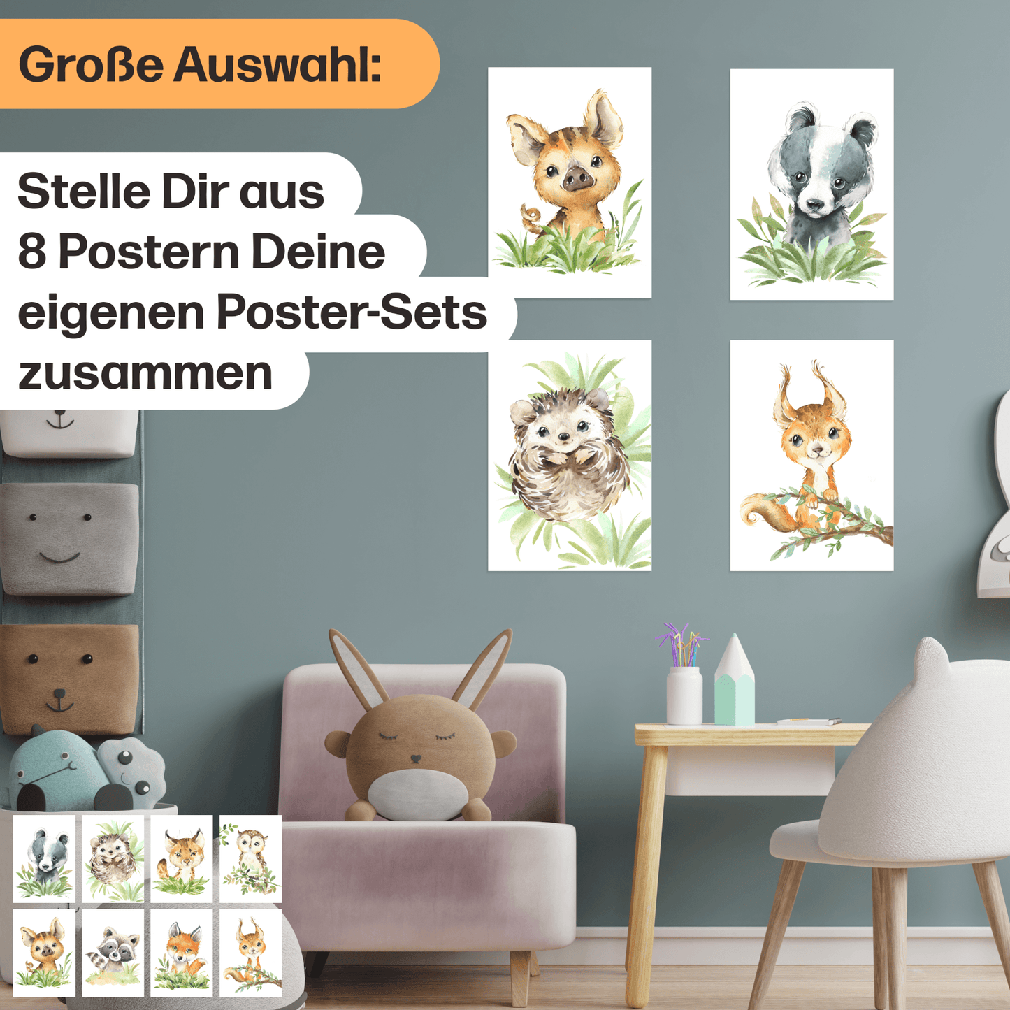 8er Poster-Set Waldtiere Kinderzimmer I Babyzimmer Deko I Eichhörnchen, Igel, Eule, Luchs etc. mit Flora
