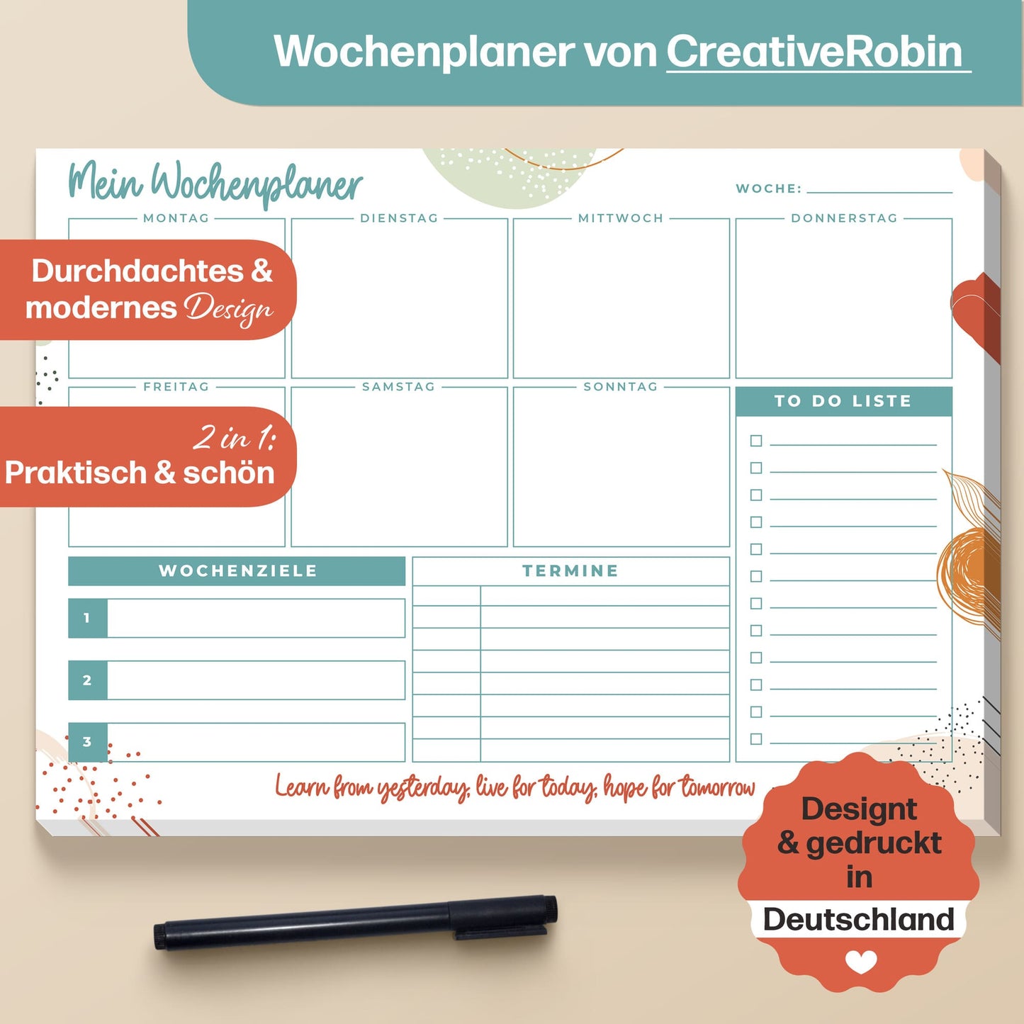 Wochenplaner Block A4 mit 50 Blatt • Praktische Schreibtischunterlage aus Papier mit ToDo Liste • türkis
