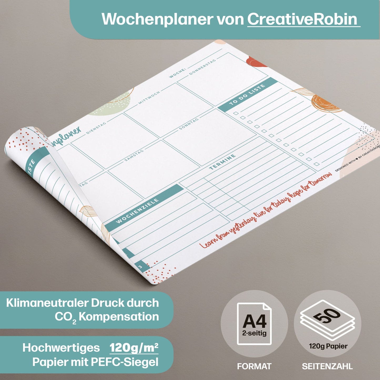 Wochenplaner Block A4 mit 50 Blatt • Praktische Schreibtischunterlage aus Papier mit ToDo Liste • türkis