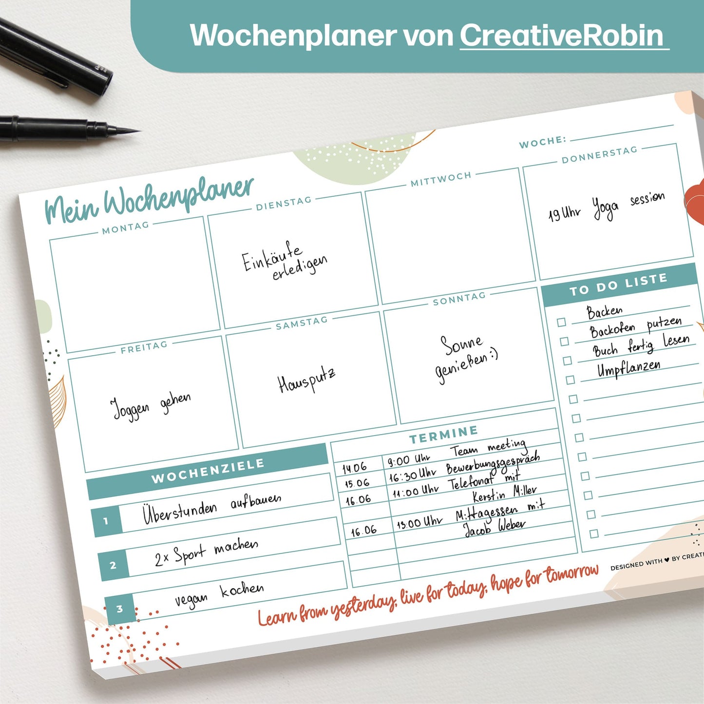Wochenplaner Block A4 mit 50 Blatt • Praktische Schreibtischunterlage aus Papier mit ToDo Liste • türkis