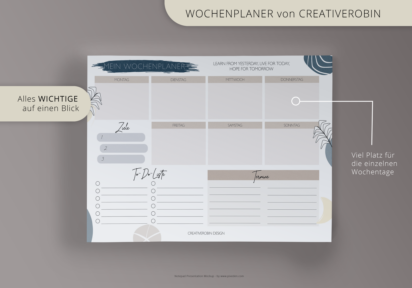Wochenplaner Block A4 mit 50 Blatt I Praktische Schreibtischunterlage aus Papier mit ToDo Liste & Tagesplaner