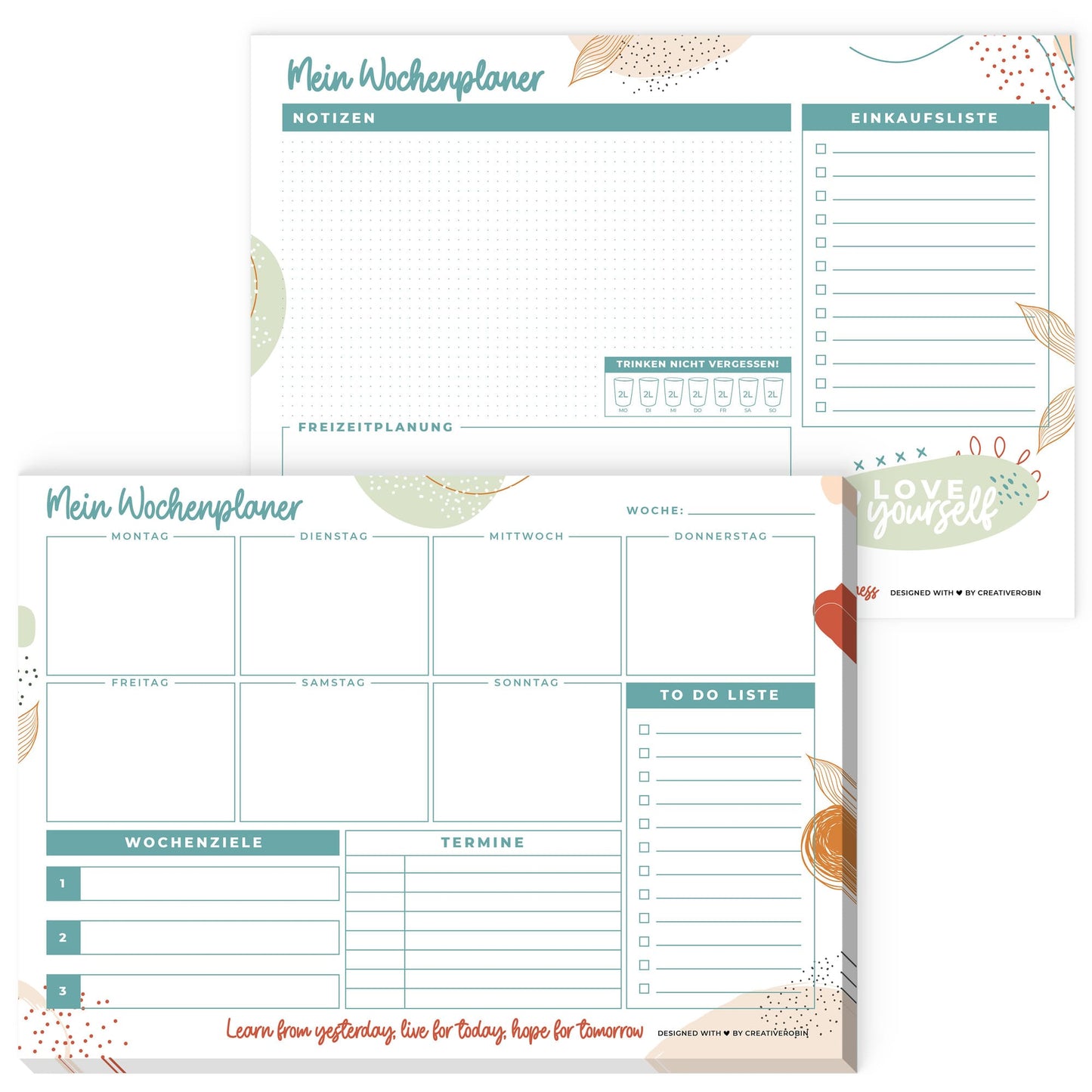 Wochenplaner Block A4 mit 50 Blatt • Praktische Schreibtischunterlage aus Papier mit ToDo Liste • türkis