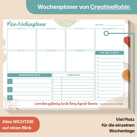 Wochenplaner Block A4 mit 50 Blatt • Praktische Schreibtischunterlage aus Papier mit ToDo Liste • türkis