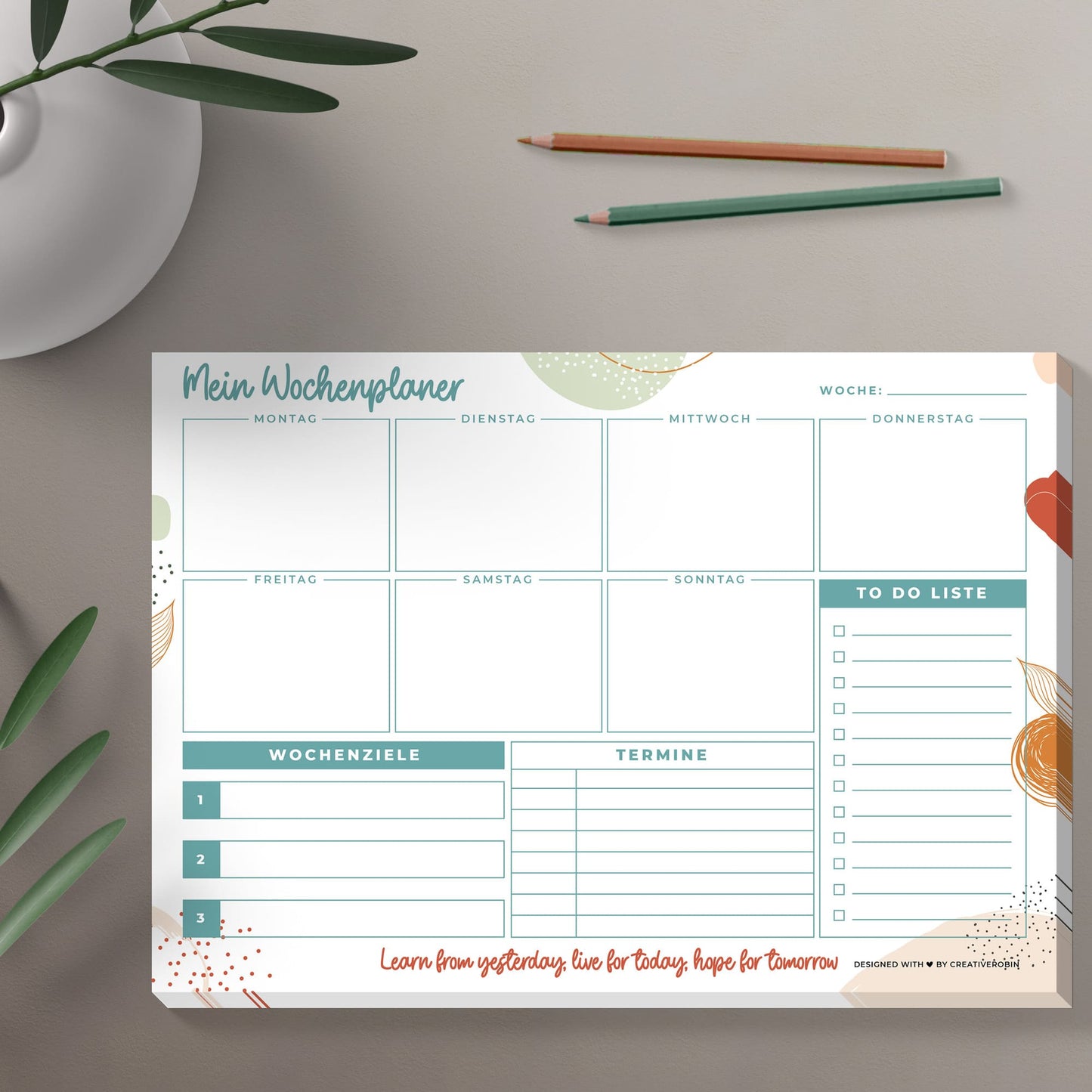 Wochenplaner Block A4 mit 50 Blatt • Praktische Schreibtischunterlage aus Papier mit ToDo Liste • türkis