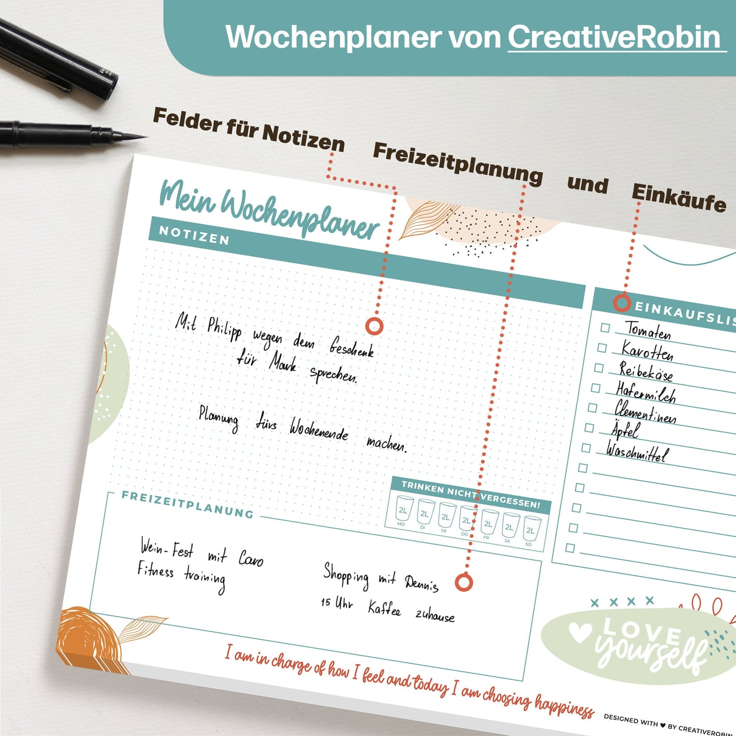 Wochenplaner Block A4 mit 50 Blatt • Praktische Schreibtischunterlage aus Papier mit ToDo Liste • türkis