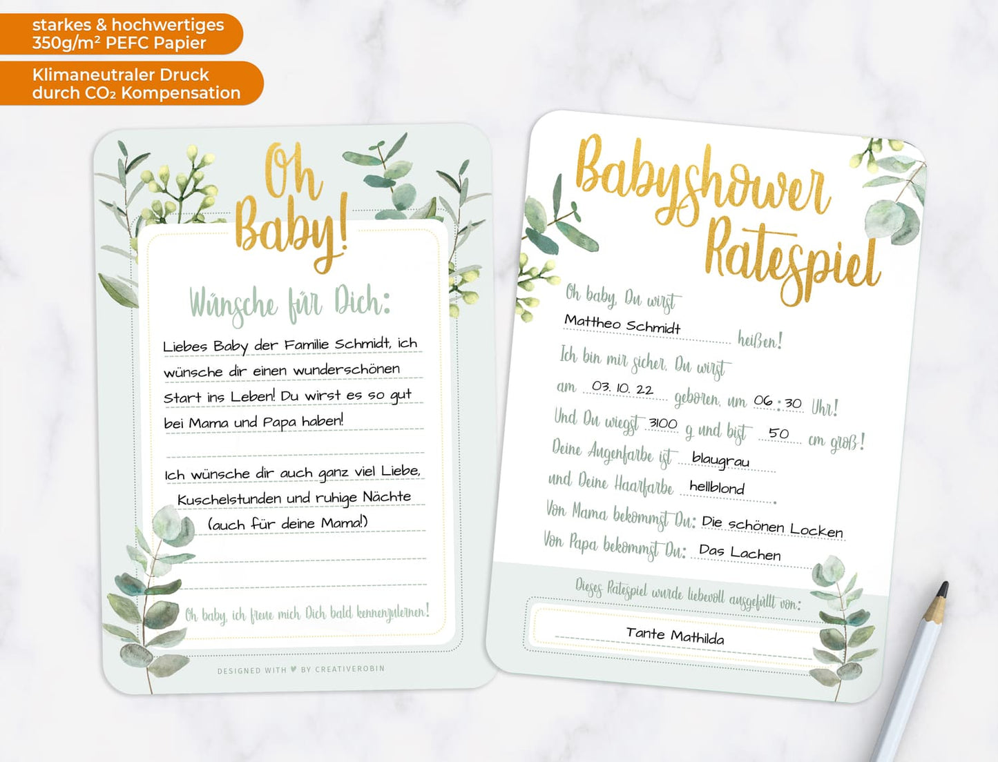 Schönes Babyparty Spiel mit Baby Quiz • 25 Karten in Eukalyptus grün • CreativeRobin