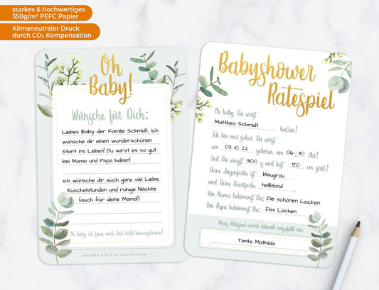 Schönes Babyparty Spiel mit Baby Quiz • 25 Karten in Eukalyptus grün • CreativeRobin