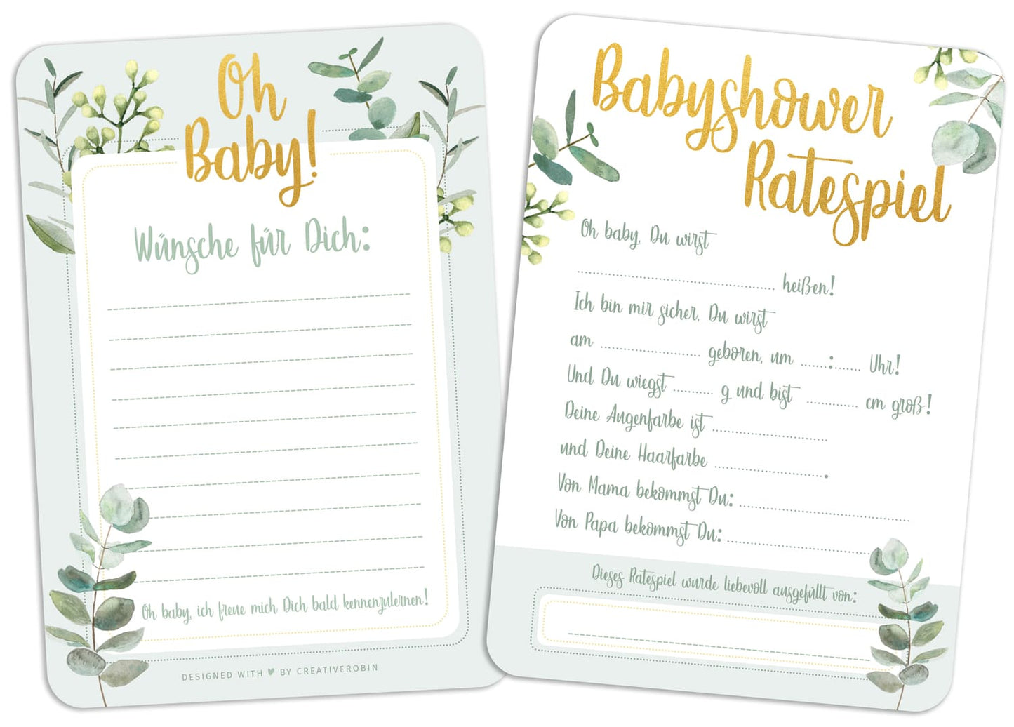Schönes Babyparty Spiel mit Baby Quiz • 25 Karten in Eukalyptus grün • CreativeRobin