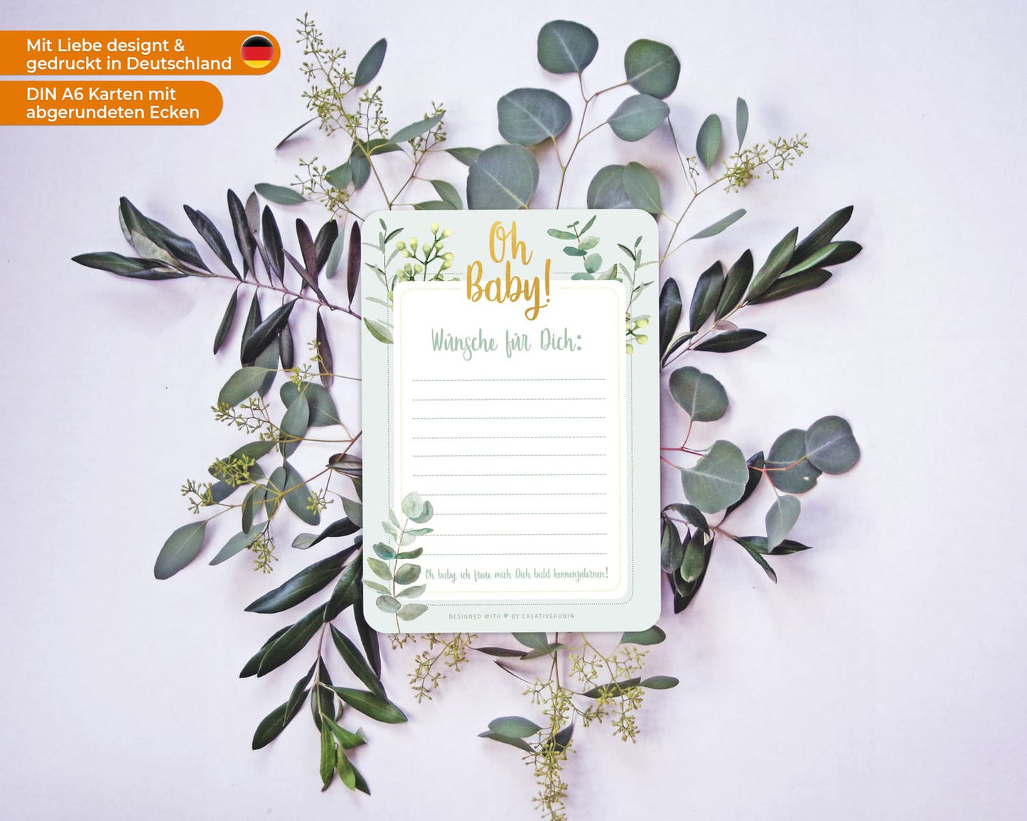 Schönes Babyparty Spiel mit Baby Quiz • 25 Karten in Eukalyptus grün • CreativeRobin