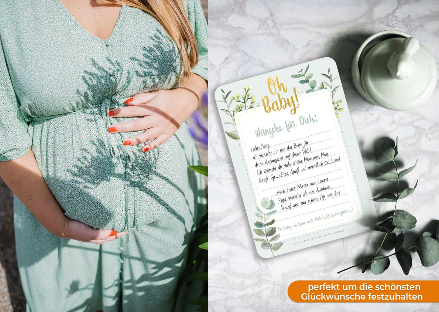 Schönes Babyparty Spiel mit Baby Quiz • 25 Karten in Eukalyptus grün • CreativeRobin