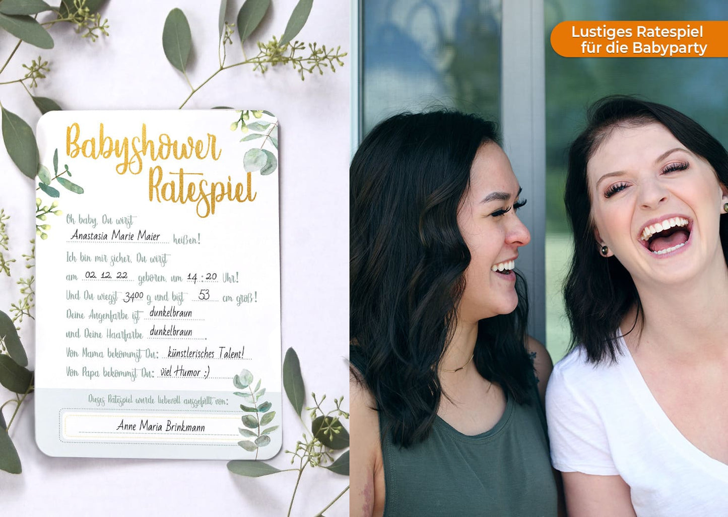 Schönes Babyparty Spiel mit Baby Quiz • 25 Karten in Eukalyptus grün • CreativeRobin