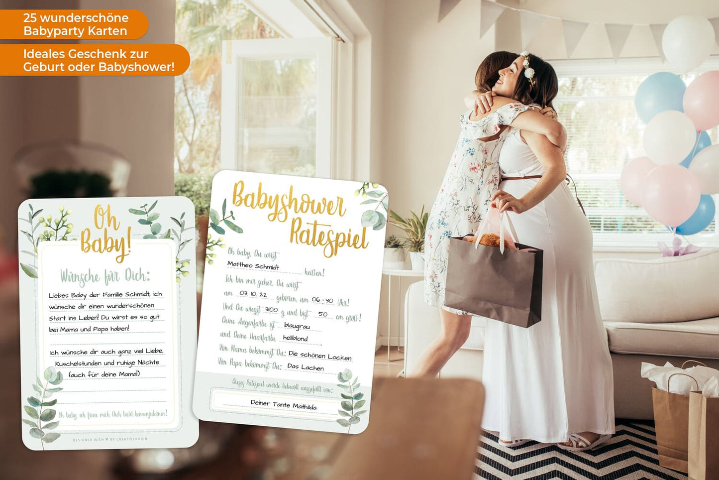 Schönes Babyparty Spiel mit Baby Quiz • 25 Karten in Eukalyptus grün • CreativeRobin