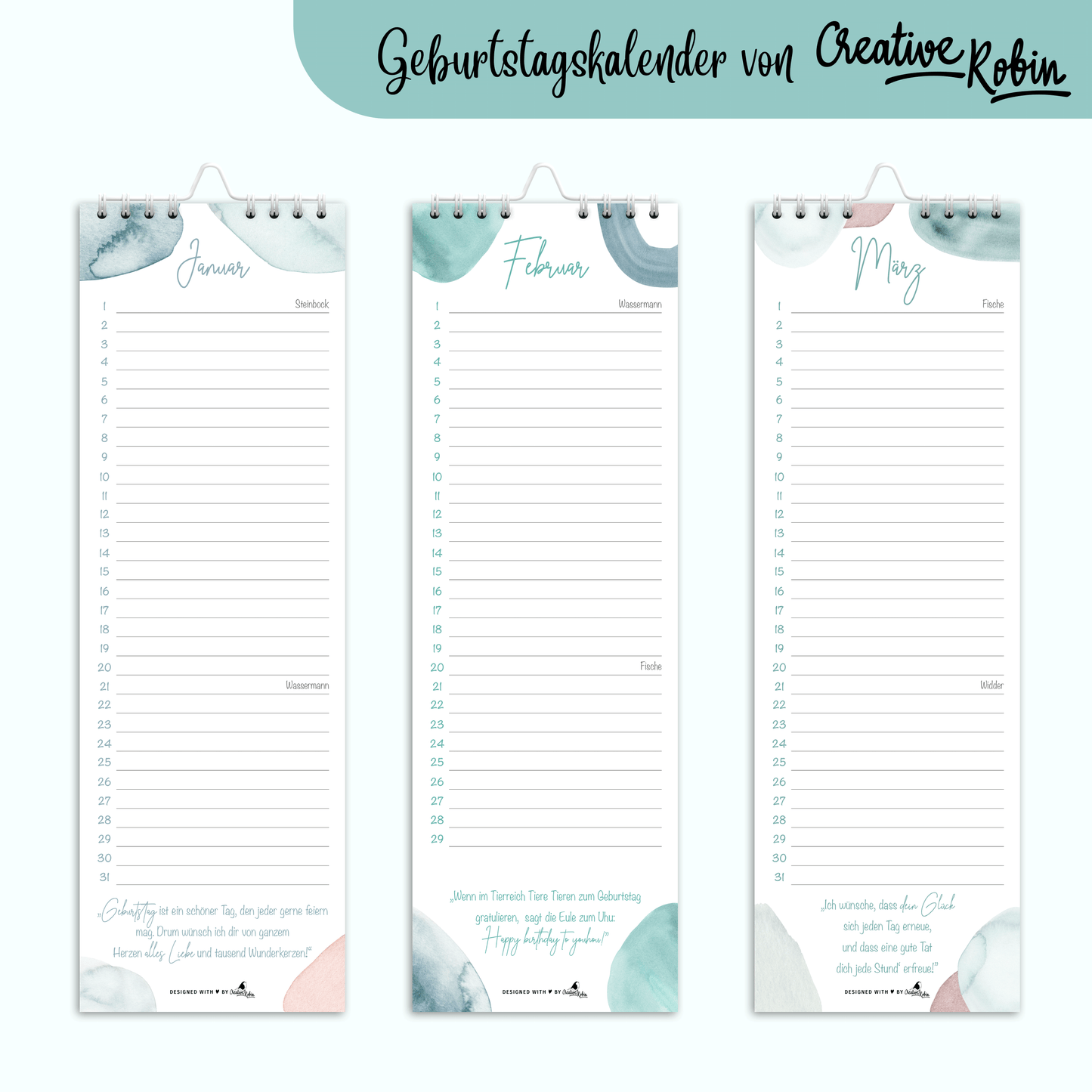 Geburtstagskalender immerwährend mit Geburtstagsgrüßen • Jahresunabhängiger Wandkalender • Vergiss keinen Geburtstag mehr