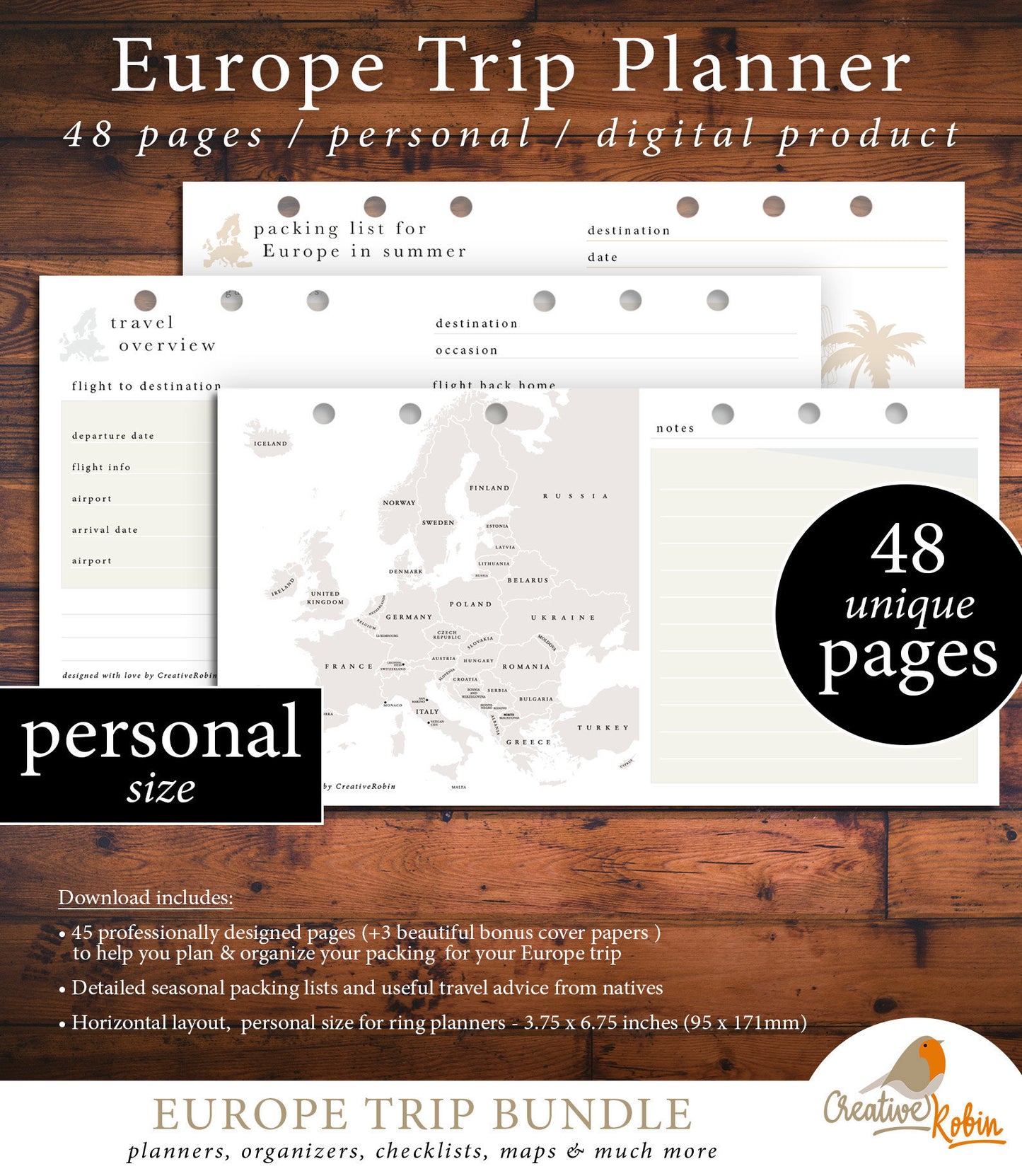 EUROPE Travel Planner | Europe Trip planner | Filofax planner with Europe Map Travel Diary Travel Journal Travelers Notebook | Printable