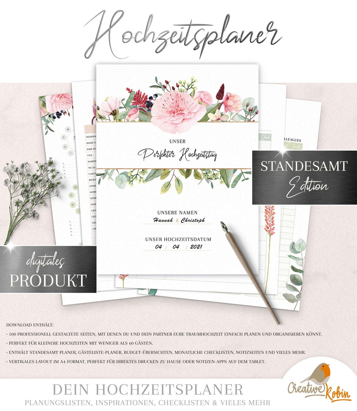 HOCHZEITSPLANER deutsch • Hochzeitsplaner Pdf • Hochzeitsplanung & Trauzeugin Planer zum Ausdrucken • DIY Hochzeit planen Checkliste •