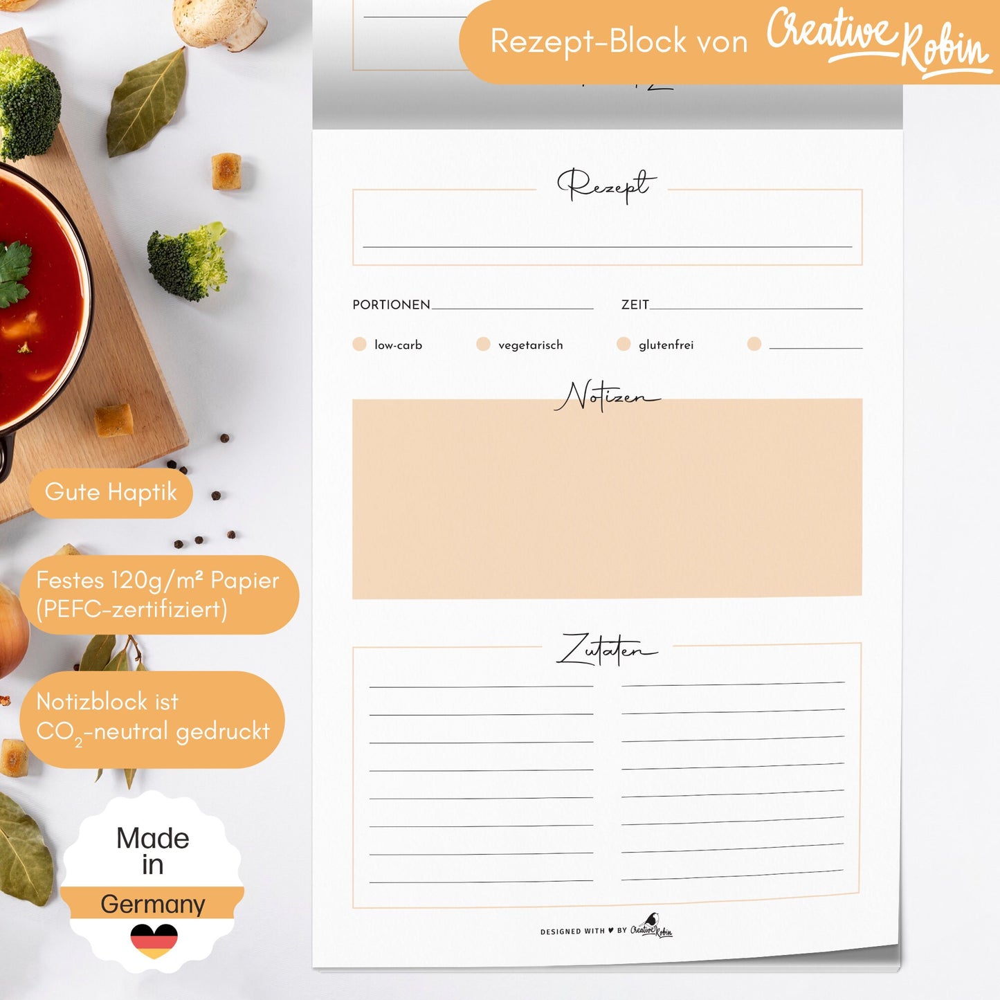 RezeptBlock mit 50 Rezept-Blättern | A5 orange | 2-seitig bedruckt