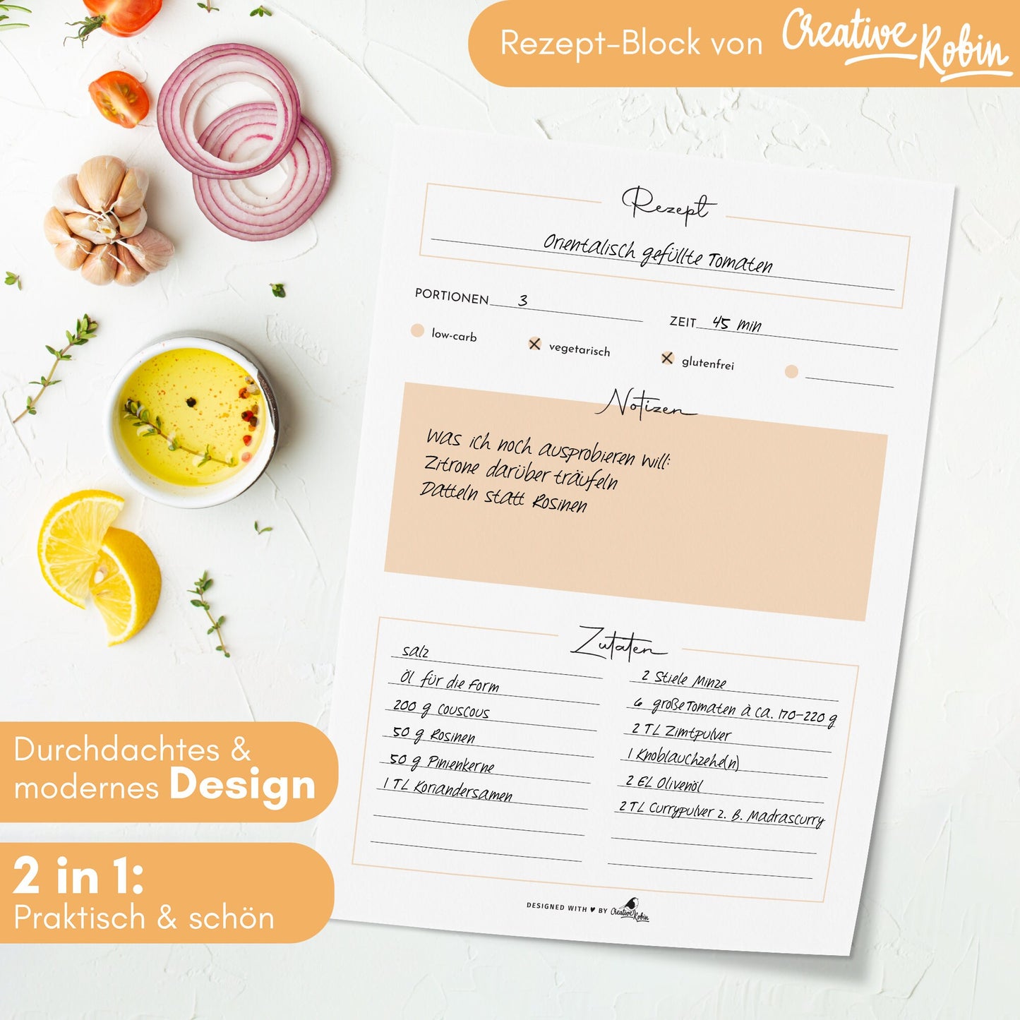 RezeptBlock mit 50 Rezept-Blättern | A5 orange | 2-seitig bedruckt
