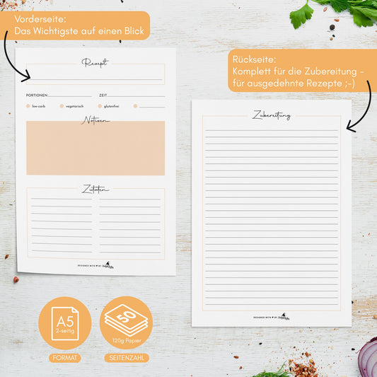 RezeptBlock mit 50 Rezept-Blättern | A5 orange | 2-seitig bedruckt