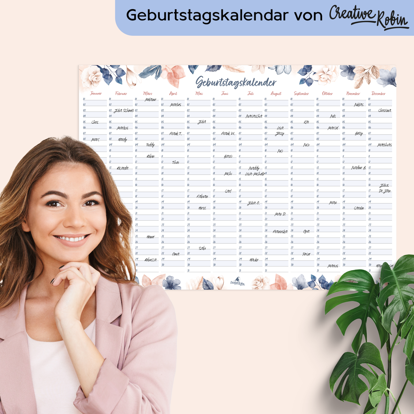 Geburtstagskalender immerwährend im floralem Stil I Jahresunabhängiger Wandkalender I DIN A3 & A2 I CreativeRobin