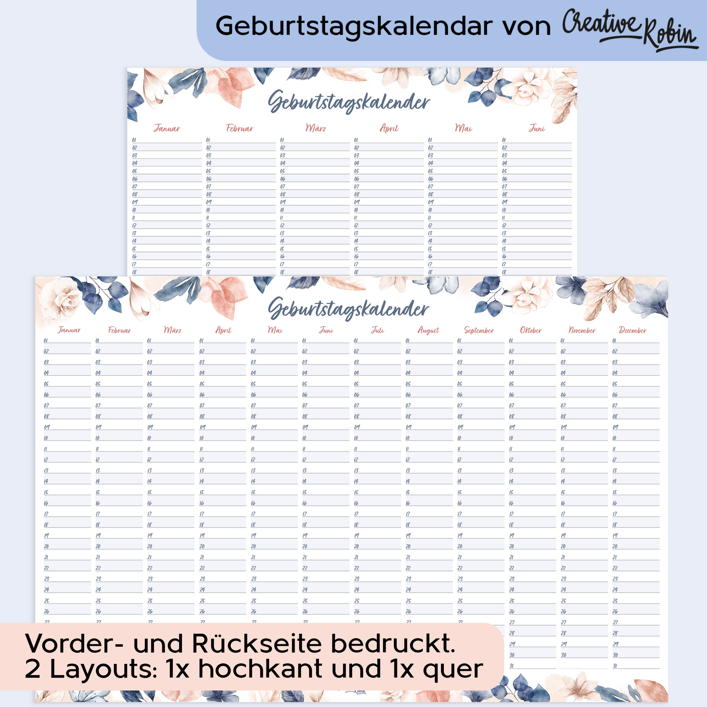 Geburtstagskalender immerwährend im floralem Stil I Jahresunabhängiger Wandkalender I DIN A3 & A2 I CreativeRobin