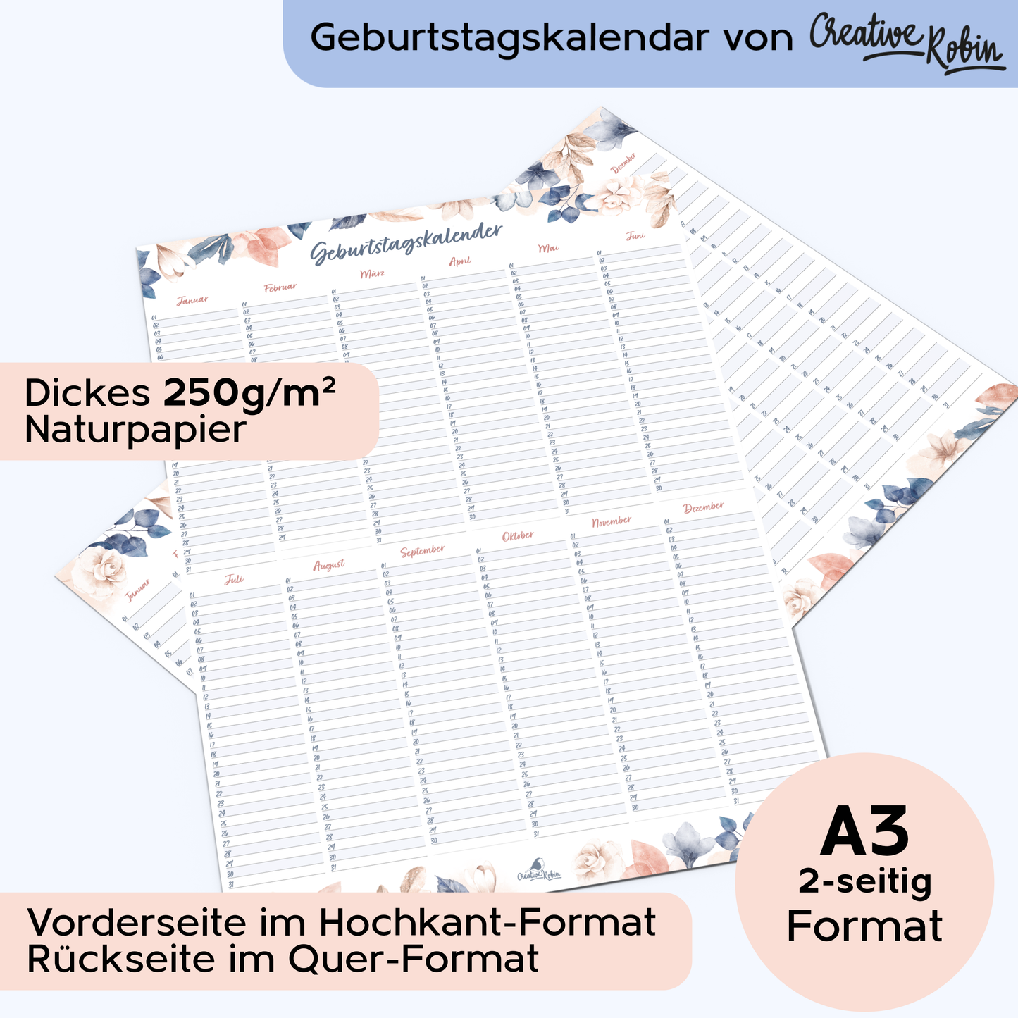 Geburtstagskalender immerwährend im floralem Stil I Jahresunabhängiger Wandkalender I DIN A3 & A2 I CreativeRobin