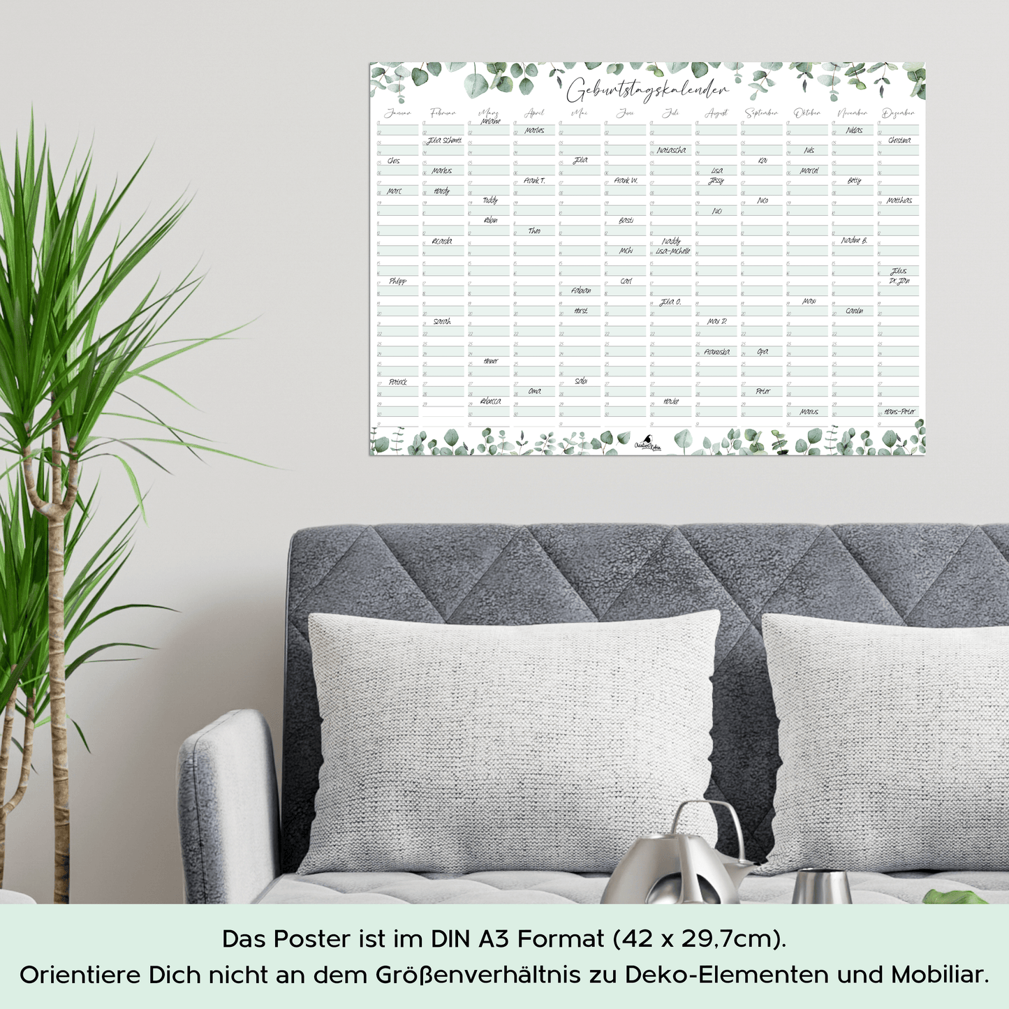 Geburtstagskalender immerwährend Eukalyptus I Jahresunabhängiger Wandkalender I DIN A3 Dauerkalender