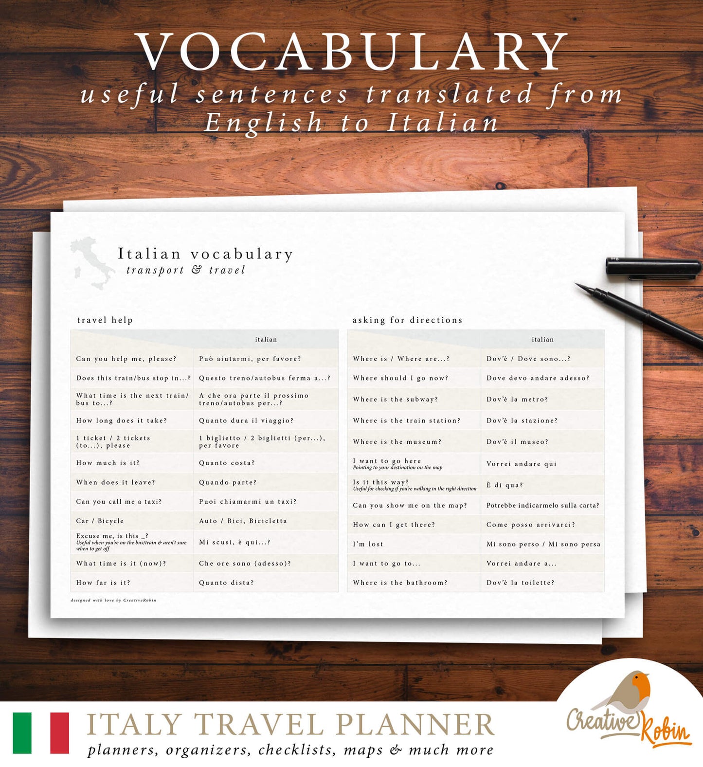 Italien Reiseplaner | mit 56 PDF Seiten | Planer zum Ausdrucken - englisch
