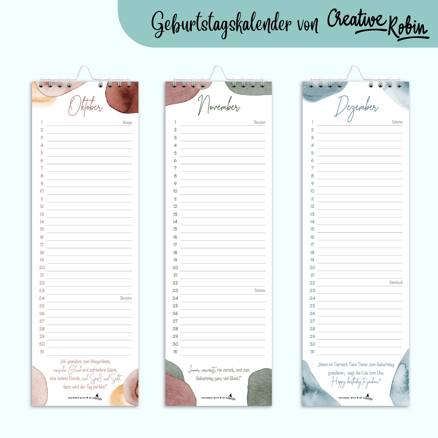 Geburtstagskalender immerwährend mit Geburtstagsgrüßen • Jahresunabhängiger Wandkalender • Vergiss keinen Geburtstag mehr