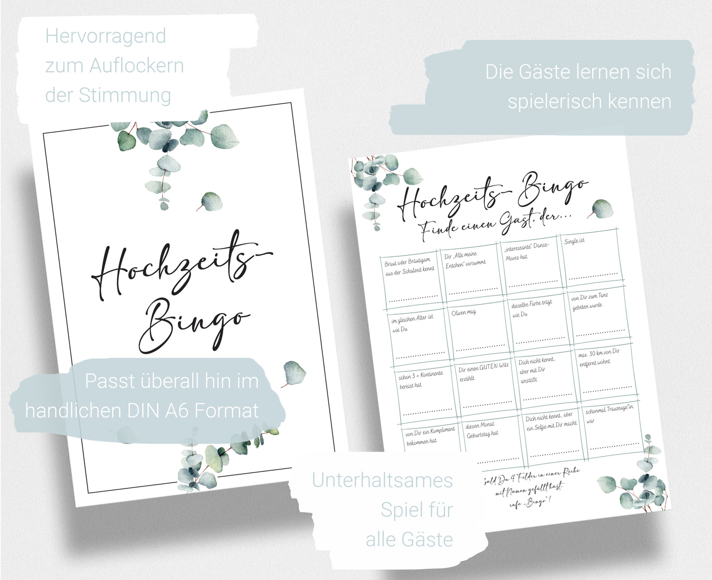 Hochzeitsbingo als Hochzeitsspiel für Brautpaar & Gäste im schönen Eukalyptus Design I 50 Blätter