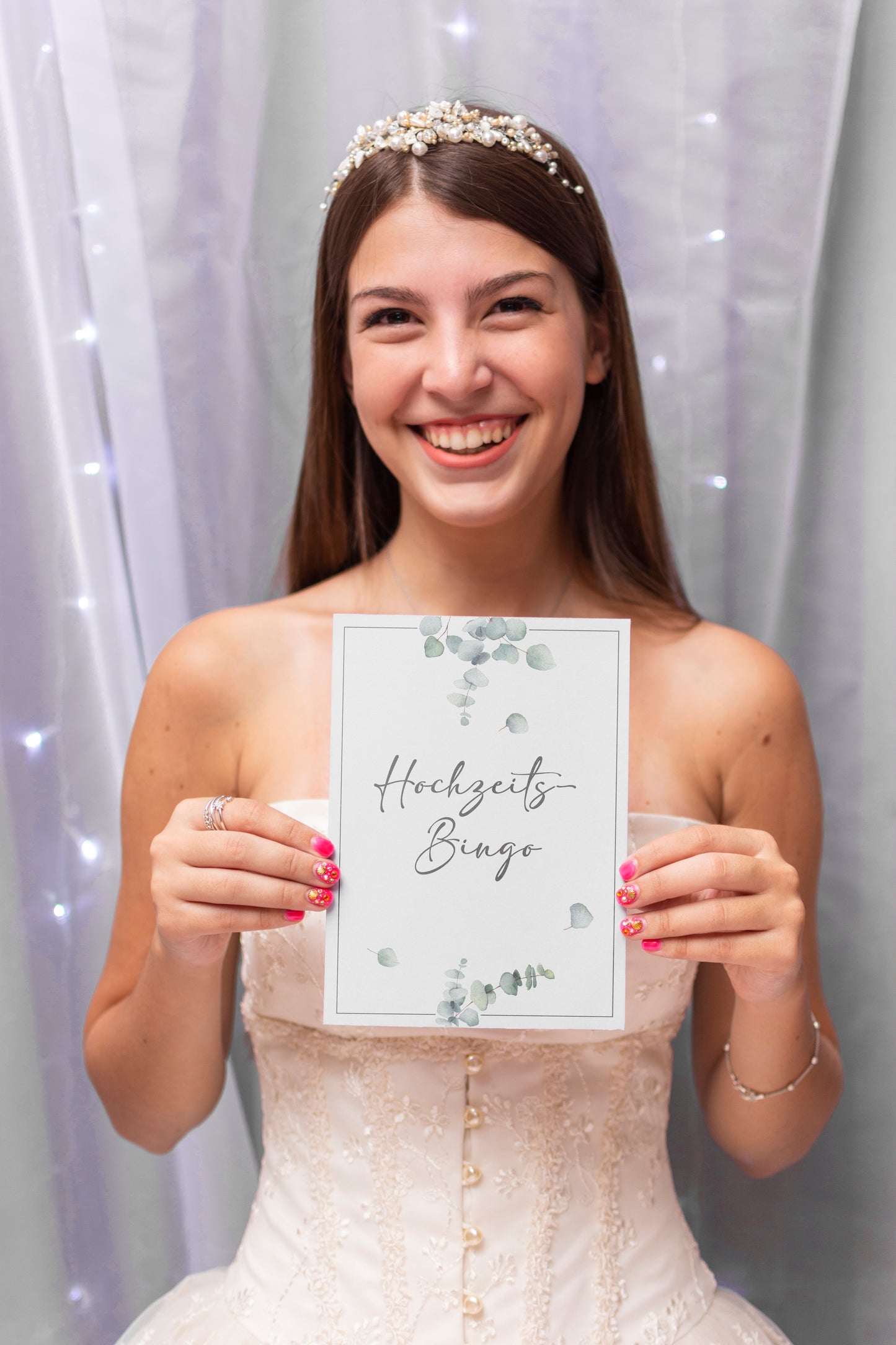 Hochzeitsbingo als Hochzeitsspiel für Brautpaar & Gäste im schönen Eukalyptus Design I 50 Blätter