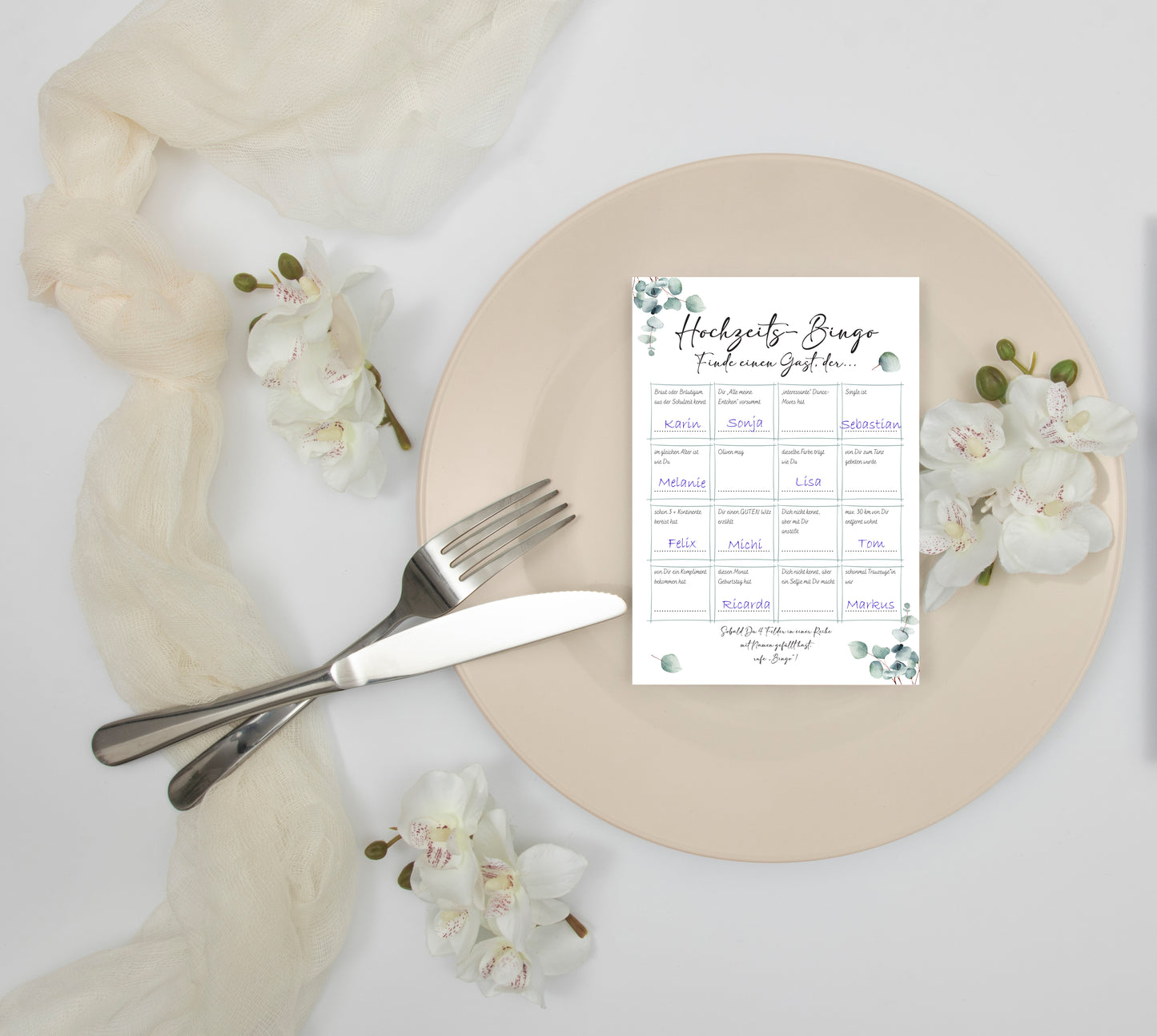 Hochzeitsbingo als Hochzeitsspiel für Brautpaar & Gäste im schönen Eukalyptus Design I 50 Blätter