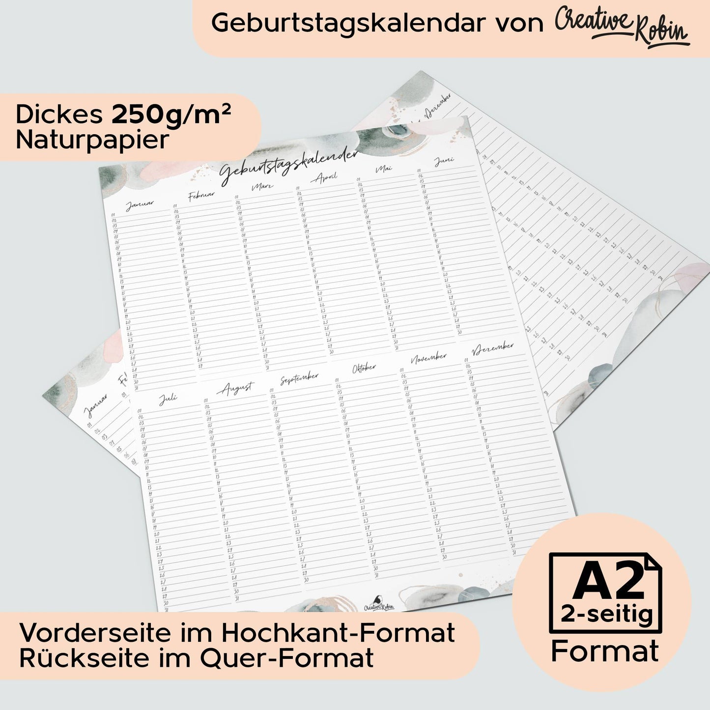 Geburtstagskalender immerwährend skandinavischer Wasserfarben Stil I Jahresunabhängiger Wandkalender I DIN A3 & A2 Dauerkalender