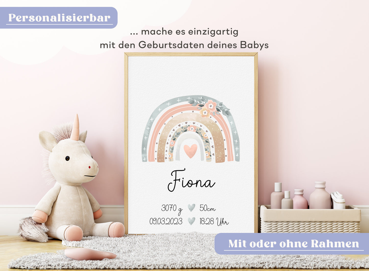 Regenbogen Geburtsposter mit Babyname & Geburtsdaten