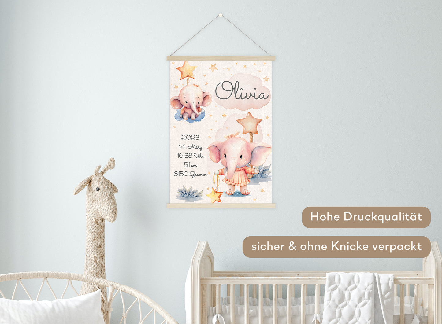 Personalisierbares Geburtsposter mit Babyname & Elefanten & Sternen