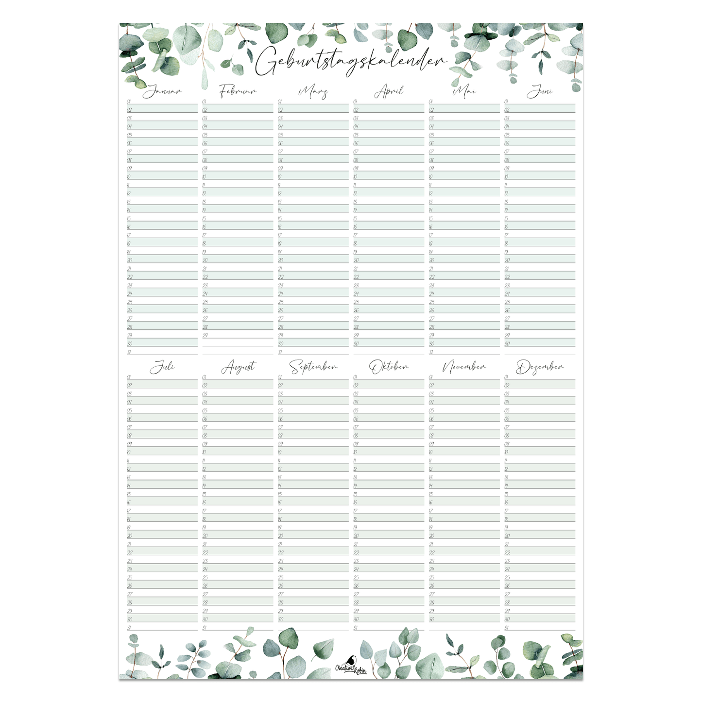 Geburtstagskalender immerwährend Eukalyptus I Jahresunabhängiger Wandkalender I DIN A2