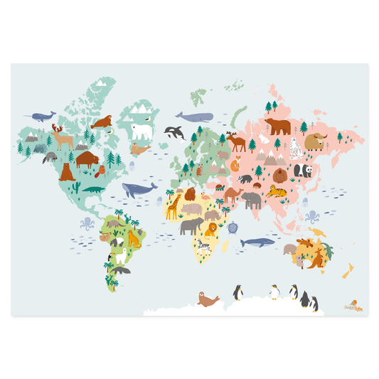Weltkarte mit süßen Tiermotiven für Kinderzimmer, Kindergarten & Grundschule | A1 Größe