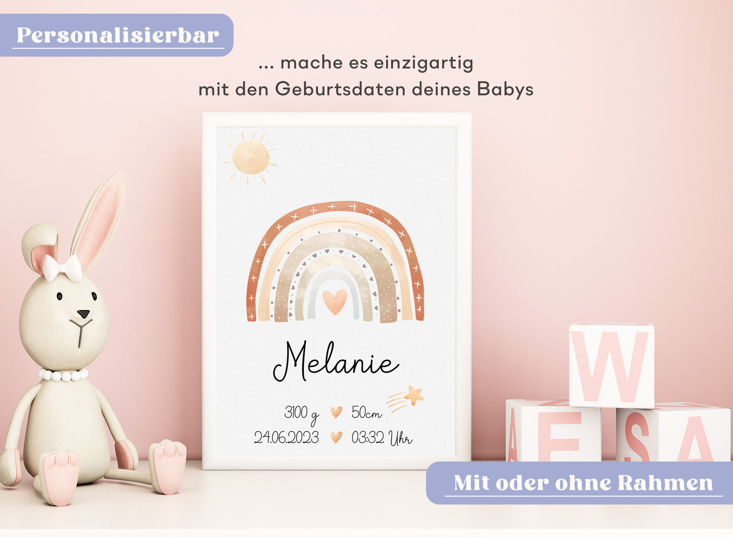 Regenbogen Geburtsposter mit Babyname & Geburtsdaten