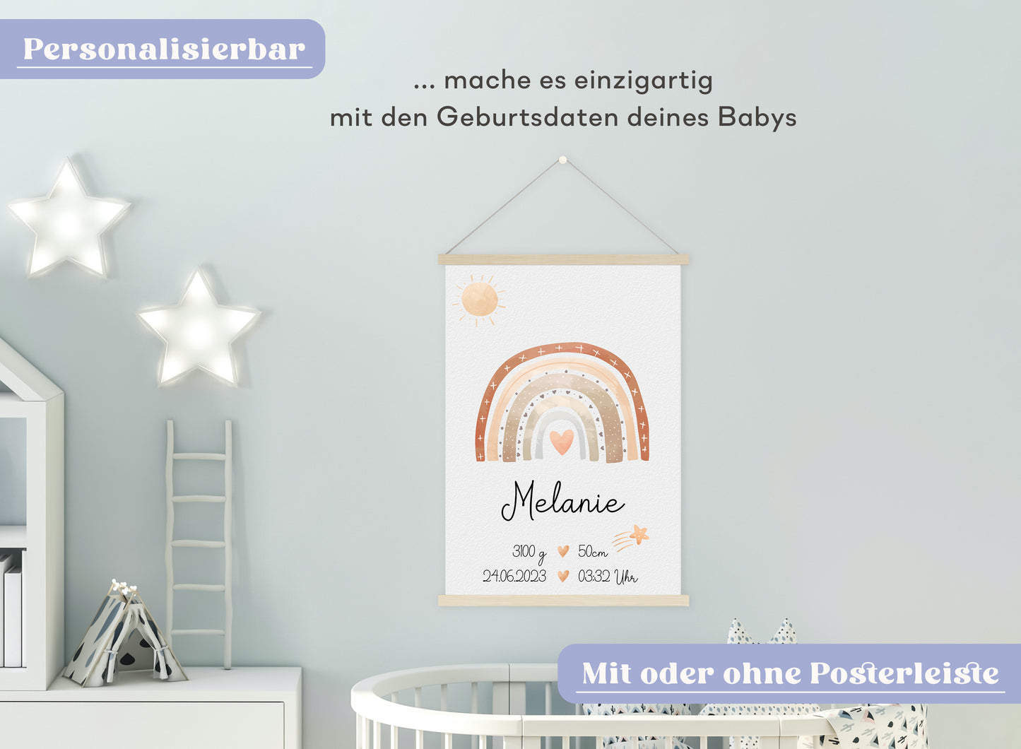 Regenbogen Geburtsposter mit Babyname & Geburtsdaten