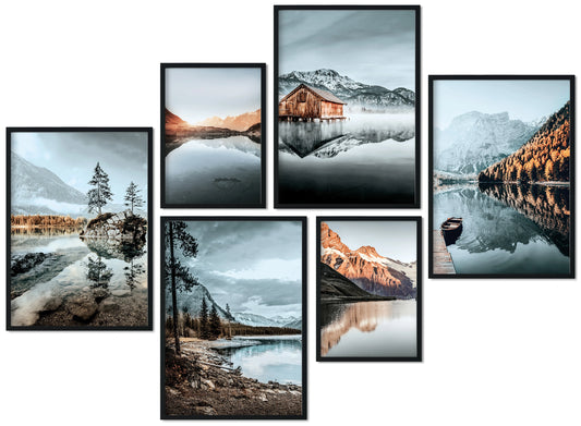 » Berge & Seen « Premium Poster-Set als Wohnzimmer Deko | 4x A3 + 2x A4 Wandbilder Collage