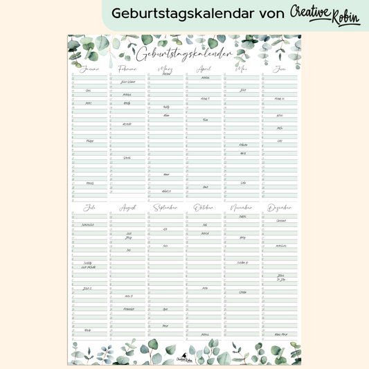 Geburtstagskalender immerwährend Eukalyptus I Jahresunabhängiger Wandkalender I DIN A3 Dauerkalender