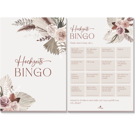 Hochzeitsbingo als Hochzeitsspiel für Brautpaar & Gäste im schönen floralen Design I 50 Blätter