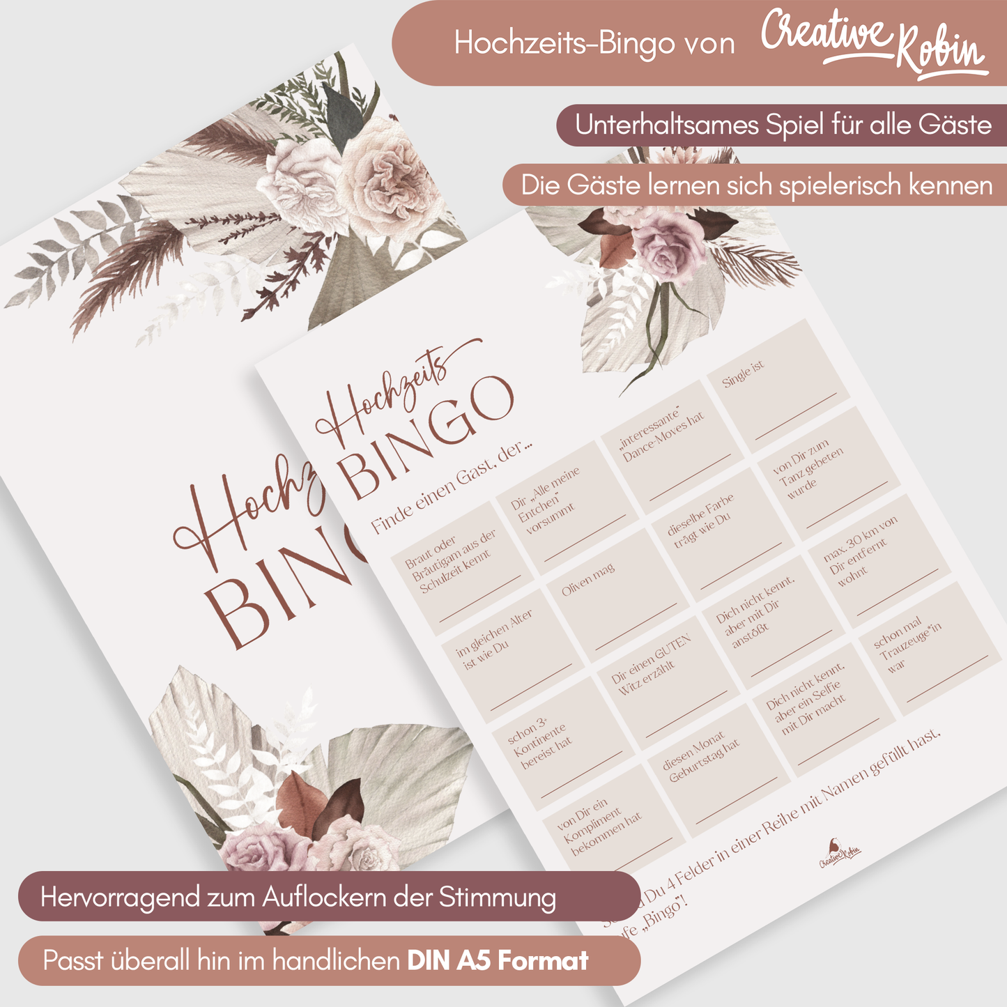Hochzeitsbingo als Hochzeitsspiel für Brautpaar & Gäste im schönen floralen Design I 50 Blätter