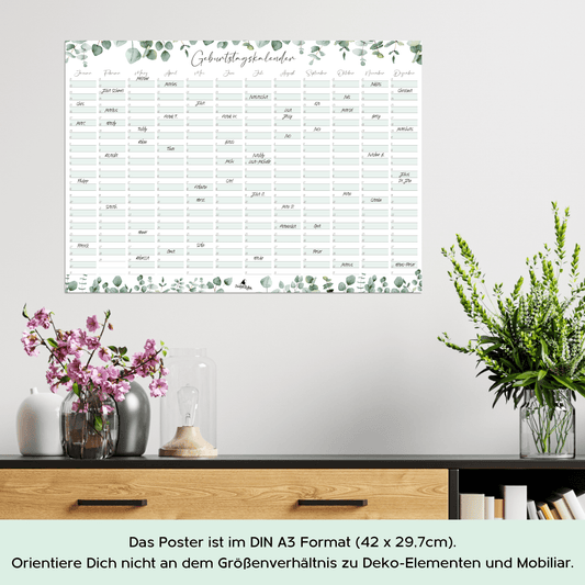 Geburtstagskalender immerwährend Eukalyptus I Jahresunabhängiger Wandkalender I DIN A3 Dauerkalender