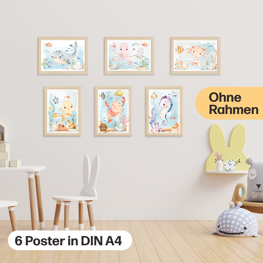 Meerestiere Poster-Set fürs Babyzimmer I Schildkröte, Wal, Seepferdchen & co. als schöne Kinderzimmer Deko I ohne Rahmen